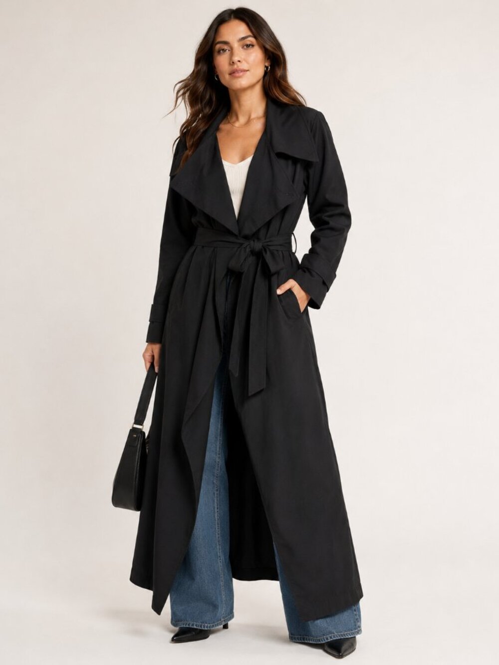 Avec Les Filles Women’s S Black Belted Drape Front Long Trench Coat